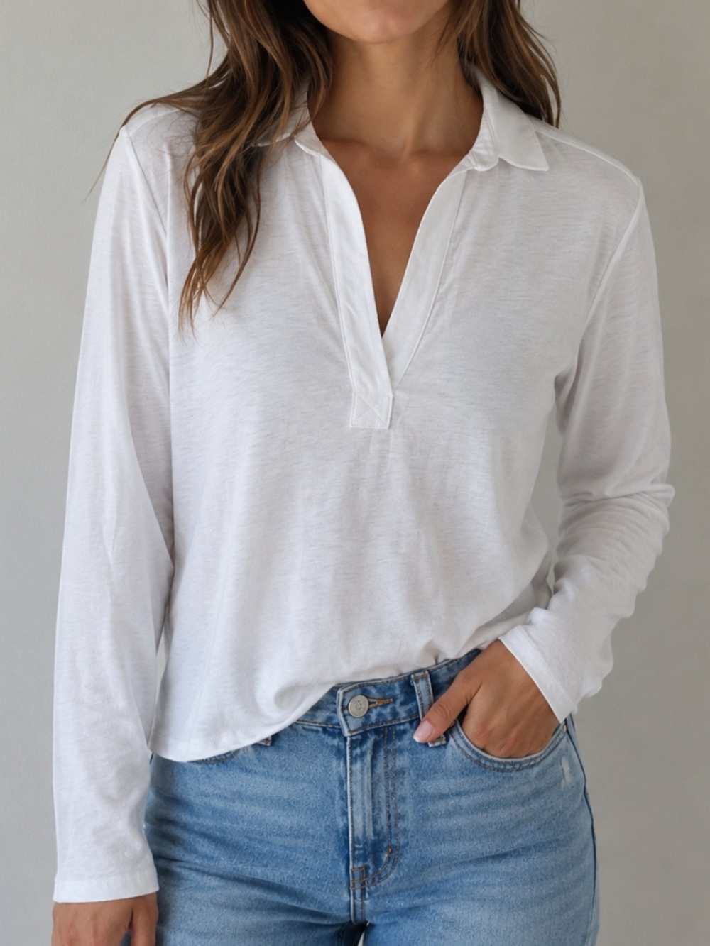 EVEREVE Romy Relaxed Polo Top White XS Long Sleeve Collared Jersey Cotton